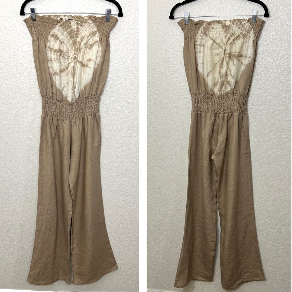 Young Fabulous And Broke Linen Strapless Jumpsuit Tan and Cream Size XS